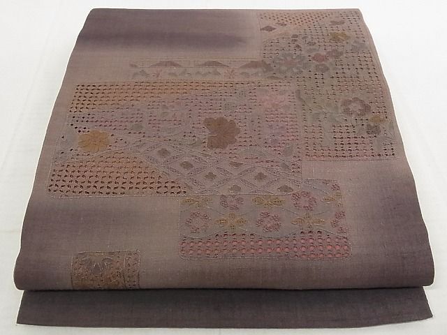 平和屋-こころ店■中国三大刺繍　汕頭刺繍　スワトウ刺繍　袋帯　紬地　色紙重ね花文　正絹　逸品　AAAJ0944Aaz