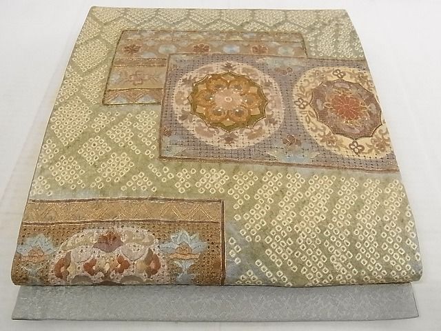 平和屋-こころ店■中国三大刺繍 汕頭刺繍 スワトウ刺繍 袋帯　刺繍　絞り　色紙重ね花文　金通し地　やまと誂製　正絹 逸品 AAAJ0949Aaz