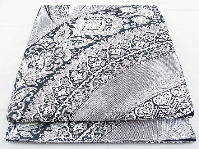 平和屋野田店◎六通柄袋帯　唐織　更紗花唐草文　黒地　銀糸　逸品　BAAI1006kj