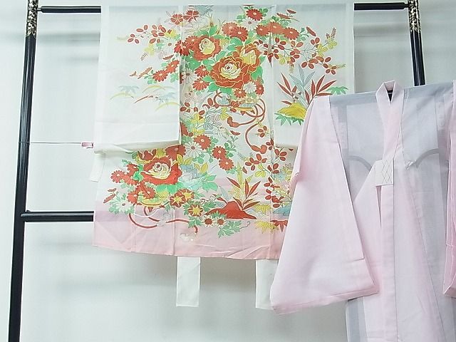 平和屋1■夏物　七五三　女の子　3歳　祝着・長襦袢セット　絽　刺繍　草花文　金彩　洗える着物　CAAG3492ch