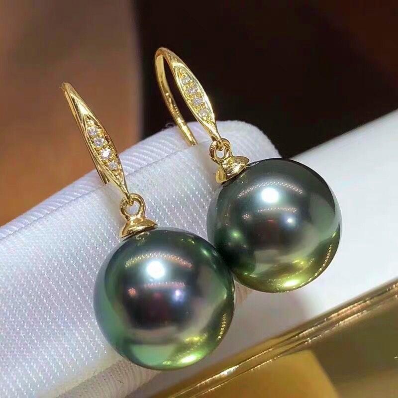 チタンピアス　貝パール　大粒14mm　 CZダイヤ　黒蝶色パール　グリーン光沢