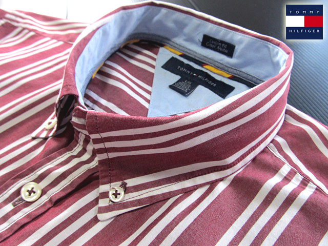 ★美品 トミーヒルフィガー TOMMY HILFIGER ボタンダウンシャツ 長袖 Lサイズ 希少品 マルチストライプ ダークレッド×ホワイト