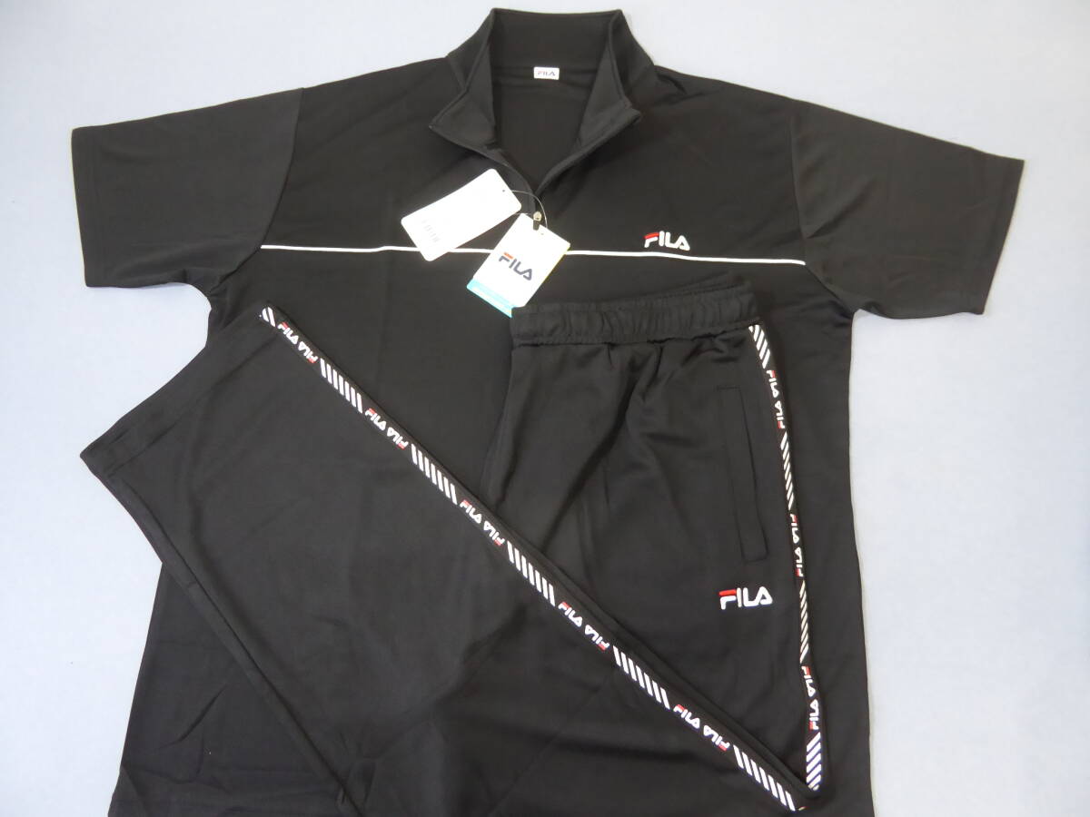 FILA フィラ 吸水速干 UVカット ジャージ ハーフジップ半袖シャツ パンツ 上下セット　LL　黒