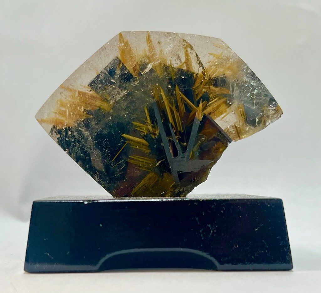 【希少】極上大粒10A　タイチンルチルクォーツ　太陽ルチル　置き石　台付　59×45mm　極太金針　1円～