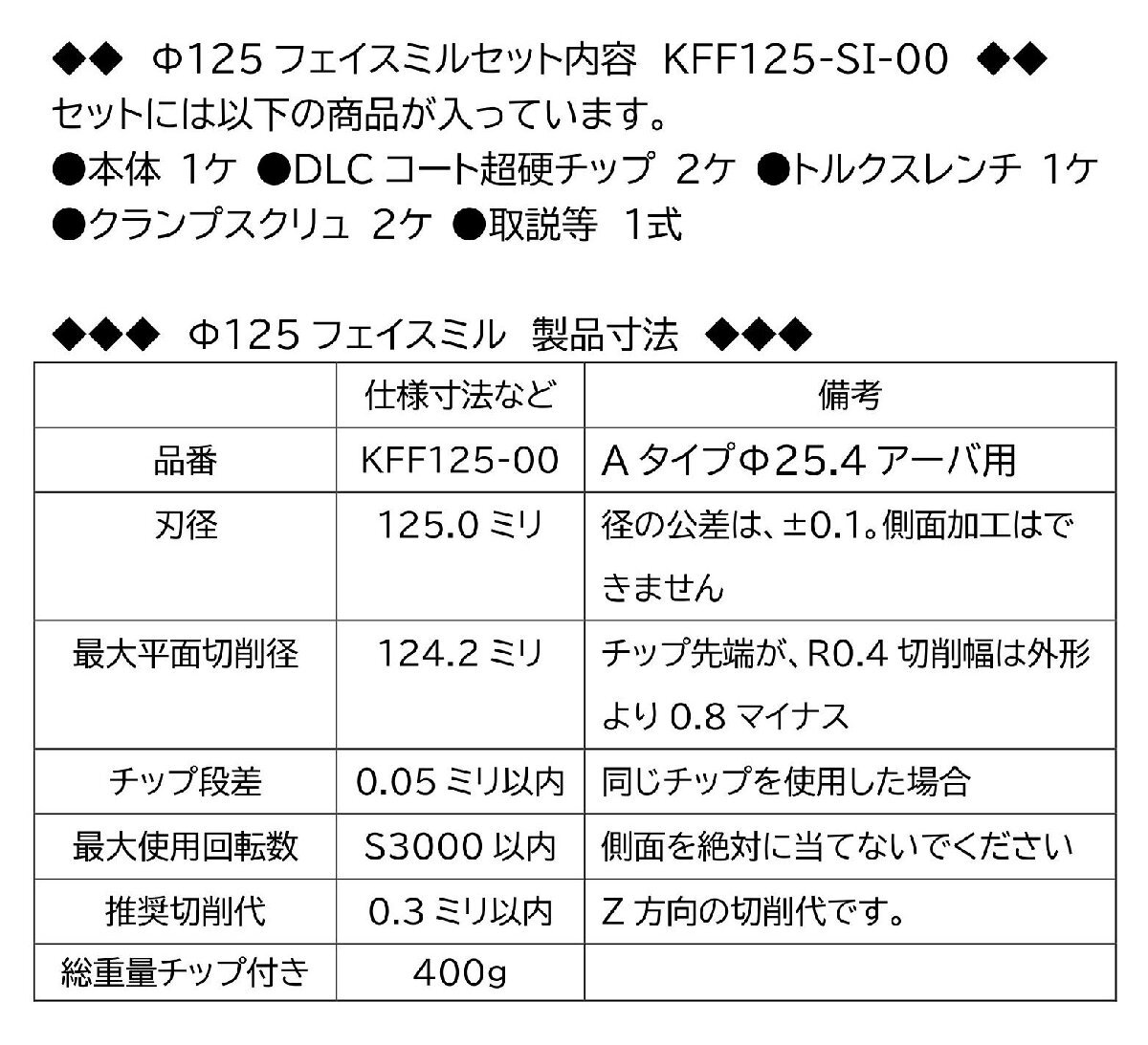 Φ125軽合金仕上げ専用フェイスミル本体 と クランプスクリュ2ケ Φ125軽合金仕上げ専用フェイスミル本体 と クランプスクリュ2ケ