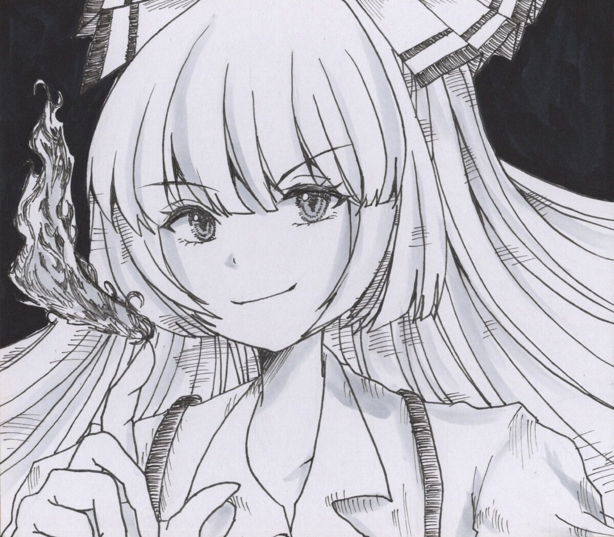 同人 手描きイラスト 東方project モノクロ 藤原妹紅|手描き 同人 手描きイラスト 東方project モノクロ 藤原妹紅|手描き