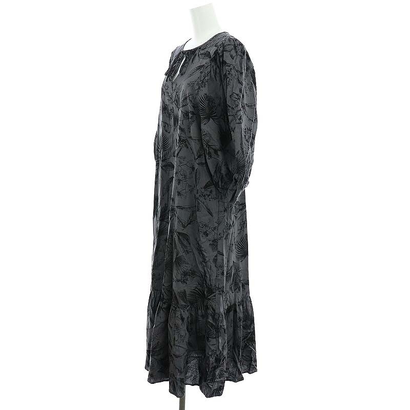 ope-k dot clip OPAQUE.CLIPbotanikaru print tia-do One-piece long 7 minute sleeve linen.00 gray black black 