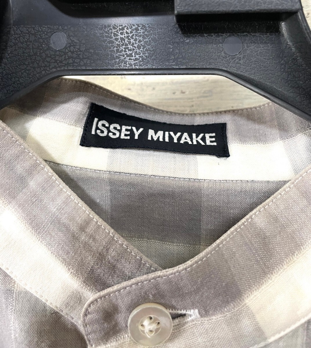 ヴィンテージ ISSEY MIYAKE イッセイミヤケ バンドカラー 長袖 シャツ ギンガムチェック コットン×リネン メンズM 古著
