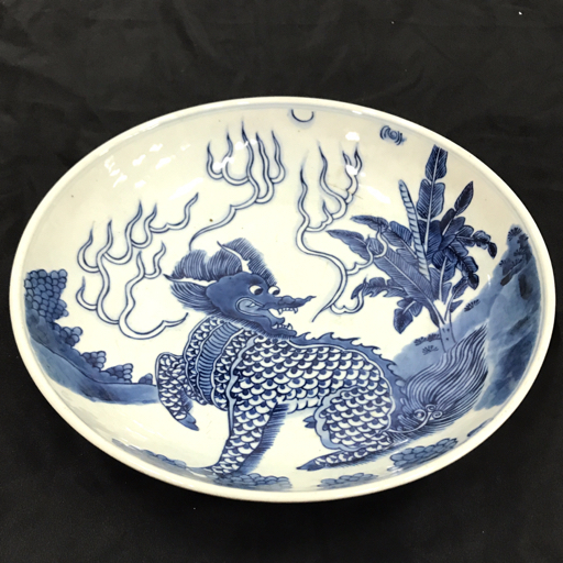 中国古代陶芸 中国 青花染付 龍紋盤 麒麟紋 唐物 陶磁器 骨董品 古陶器 古美術品 直径約27cm