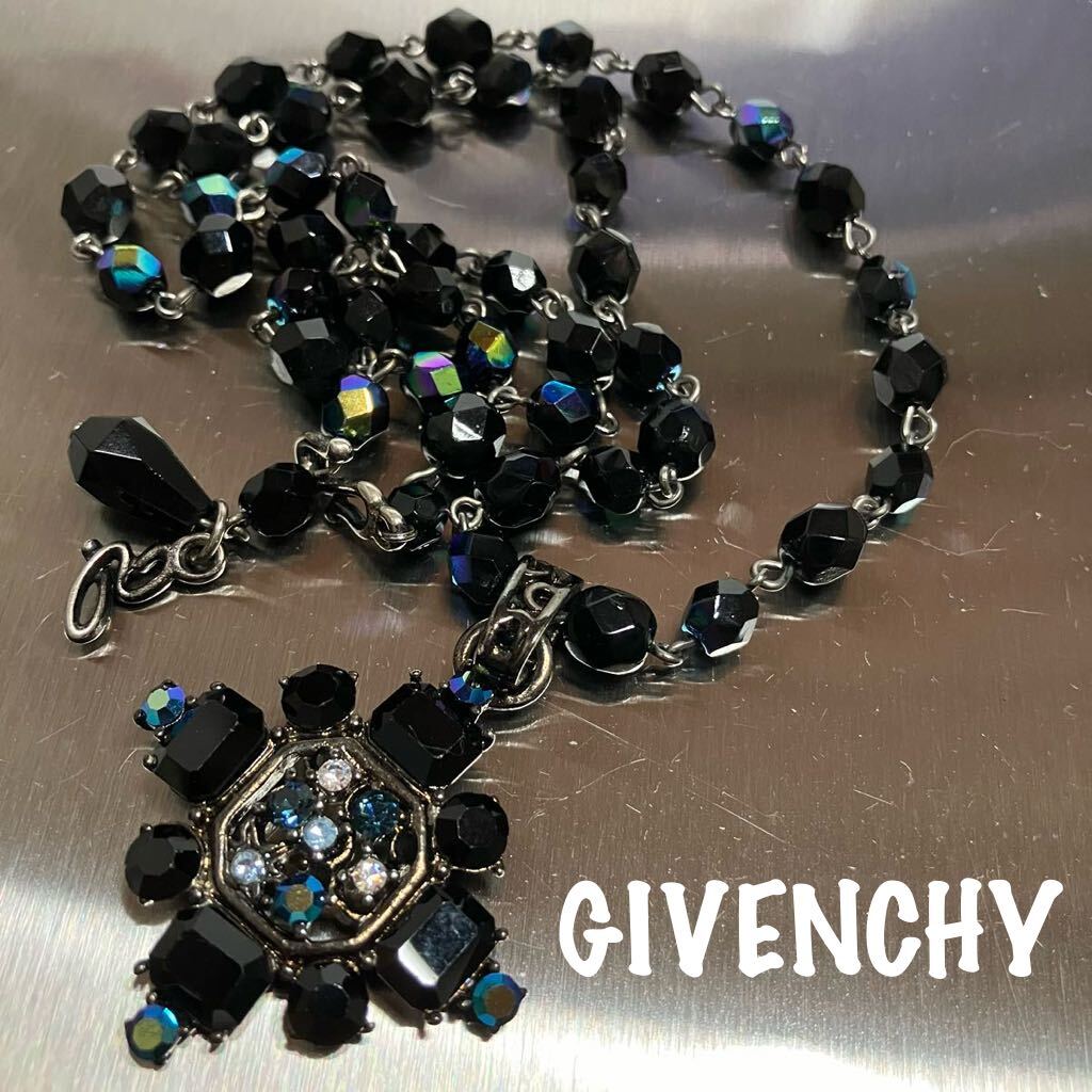 m】GIVENCHY ジバンシー ビジュー ネックレス 黒x青系 ビーズ m】GIVENCHY ジバンシー ビジュー ネックレス 黒x青系 ビーズ