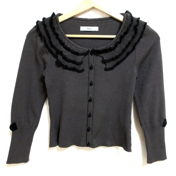  Rene Rene cardigan size 36 S - dark brown × black lady's 7 minute sleeve / frill / beads / ribbon tops 