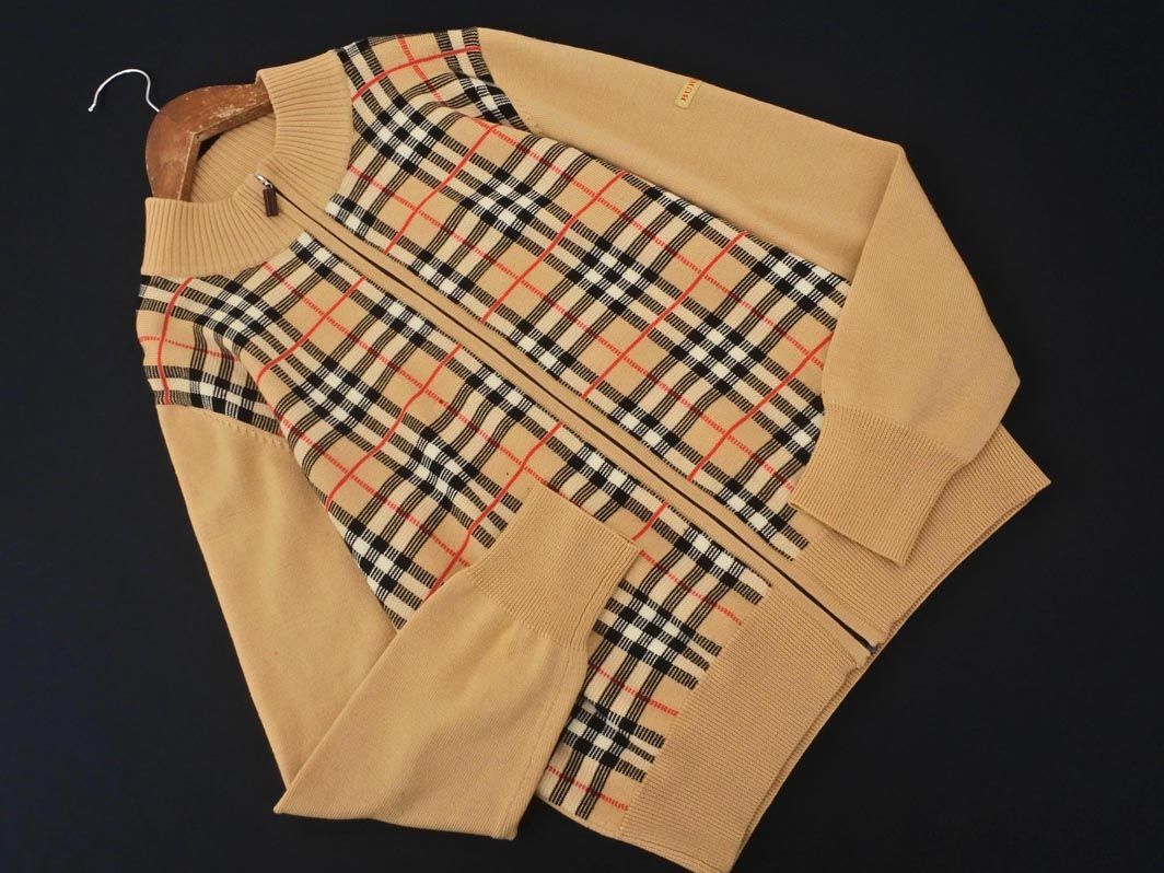 BURBERRY バーバリー ウール100% チェック 切替 ジップアップ ニット ジャケット sizeM/ベージュ ◇■ ☆ ehc8 レディース