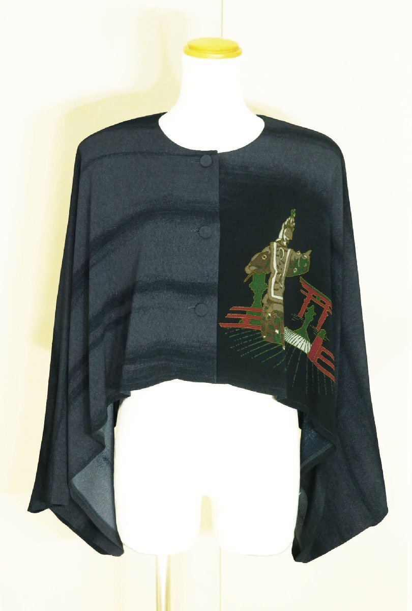 ☆美品☆ヒトシタムラ詩仙堂/洗えるちりめん織り宮島柄プリント長袖ボレロ：黒灰系nk224