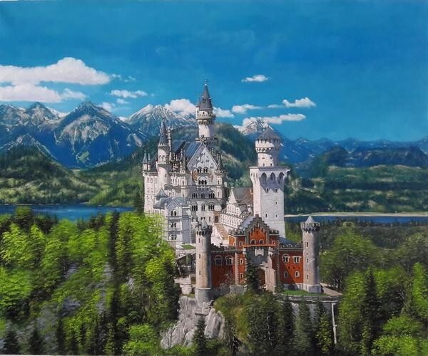油絵 ノイシュバンシュタイン城の春 MA575 油絵 ノイシュバンシュタイン城の春 MA575