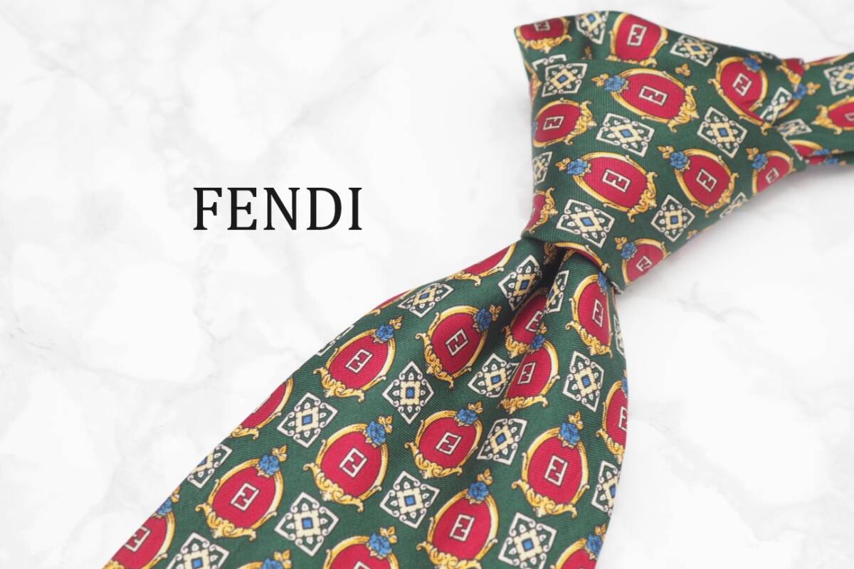 【美品】FENDI フェンディ A-238 ロゴ グリーン系 柄 イタリア製 ブランド ネクタイ 良品 古着 卸 USED オールド SILK