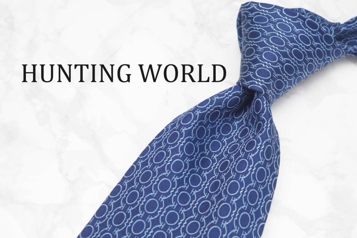 【美品】HUNTING WORLD ハンティング ワールド A-350 ネイビーブルー イタリア製 ブランド ネクタイ 良品 古着 卸 USED オールド SILK