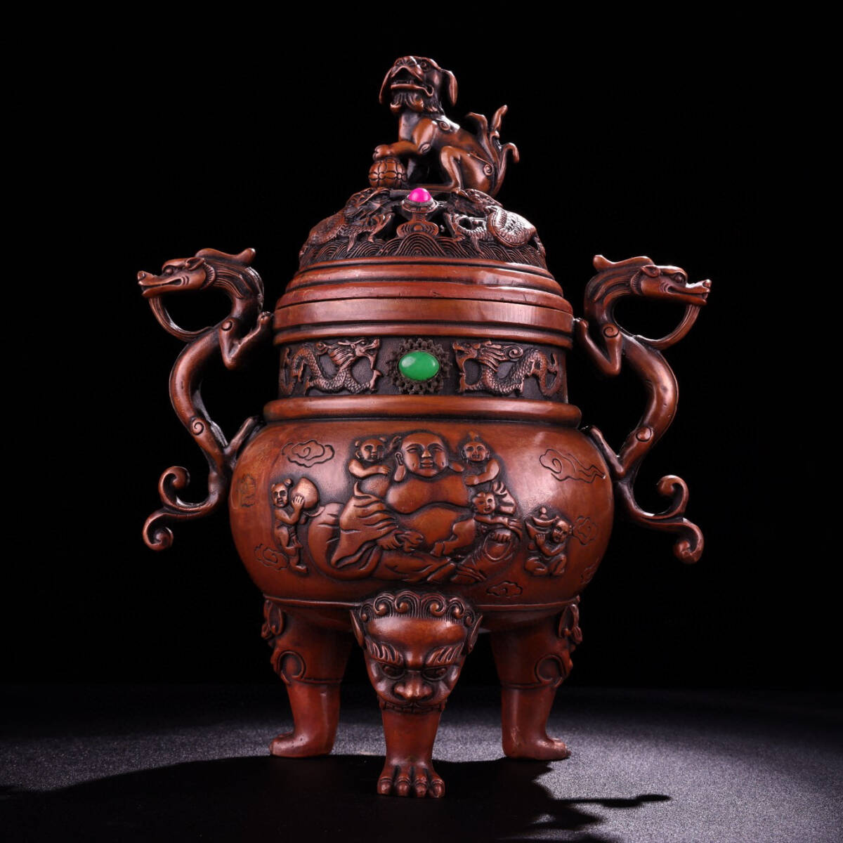 超特価sale開催】 『館蔵珍品 銅製 寶石嵌 雙龍耳 獅蓋三足熏 超特価sale開催】 『館蔵珍品 銅製 寶石嵌 雙龍耳 獅蓋三足熏