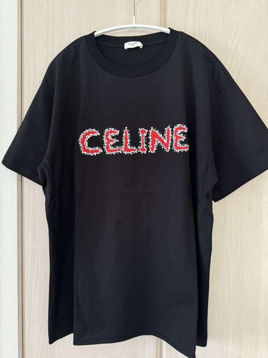新品CELINEセリーヌ 黒赤スタッズ ロゴビジュー装飾半袖Tシャツ 新品CELINEセリーヌ 黒赤スタッズ ロゴビジュー装飾半袖Tシャツ