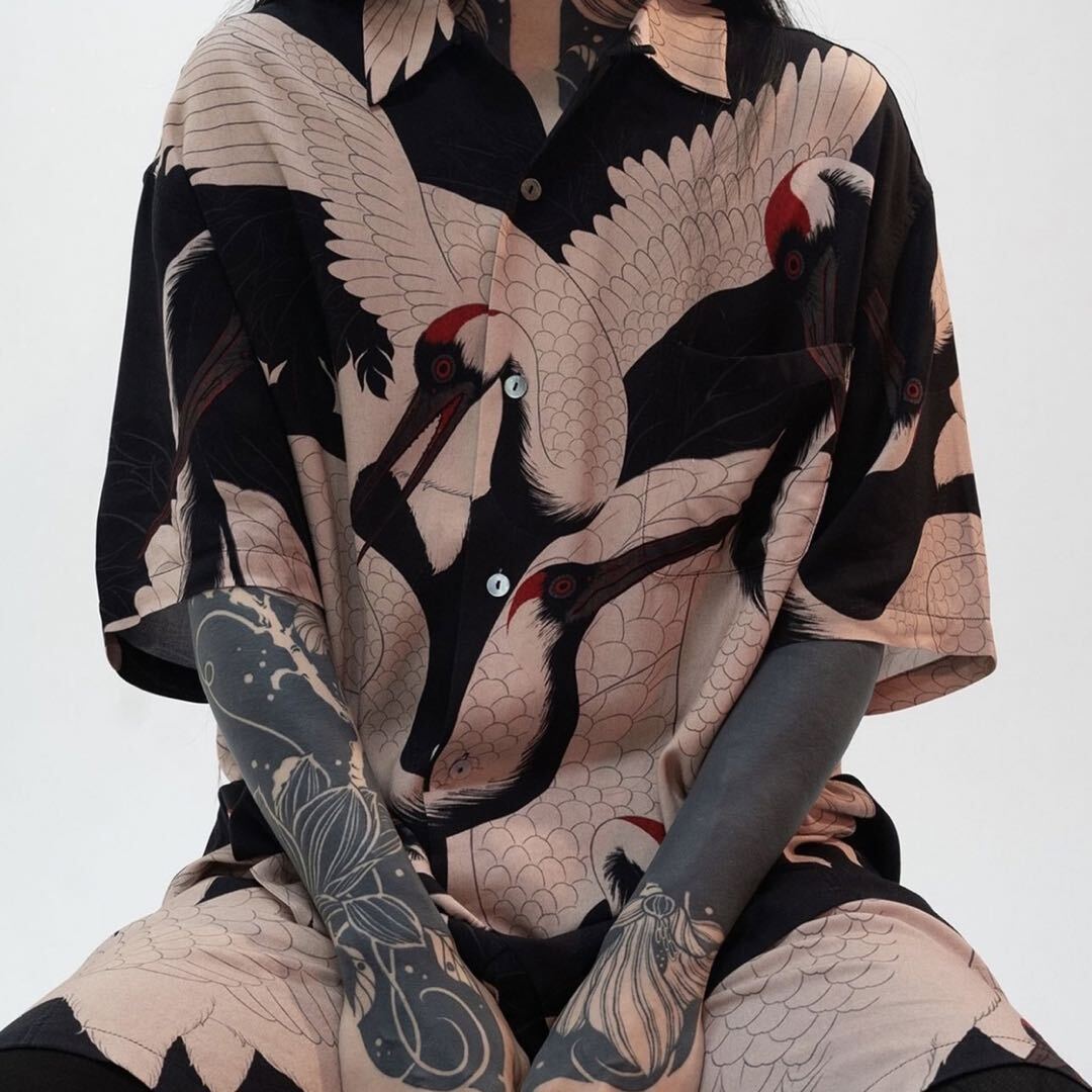 GAKKIN × BUDSPOOL 赤目鶴 HAWAIIAN SHIRT XL BLACK 黒 ブラック GAKKIN × BUDSPOOL 赤目鶴 HAWAIIAN SHIRT XL BLACK 黒 ブラック