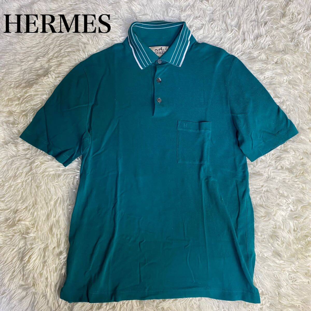 希少】HERMES エルメス ポロシャツ L グリーン系 半袖 ロゴ メンズ 希少】HERMES エルメス ポロシャツ L グリーン系 半袖 ロゴ メンズ