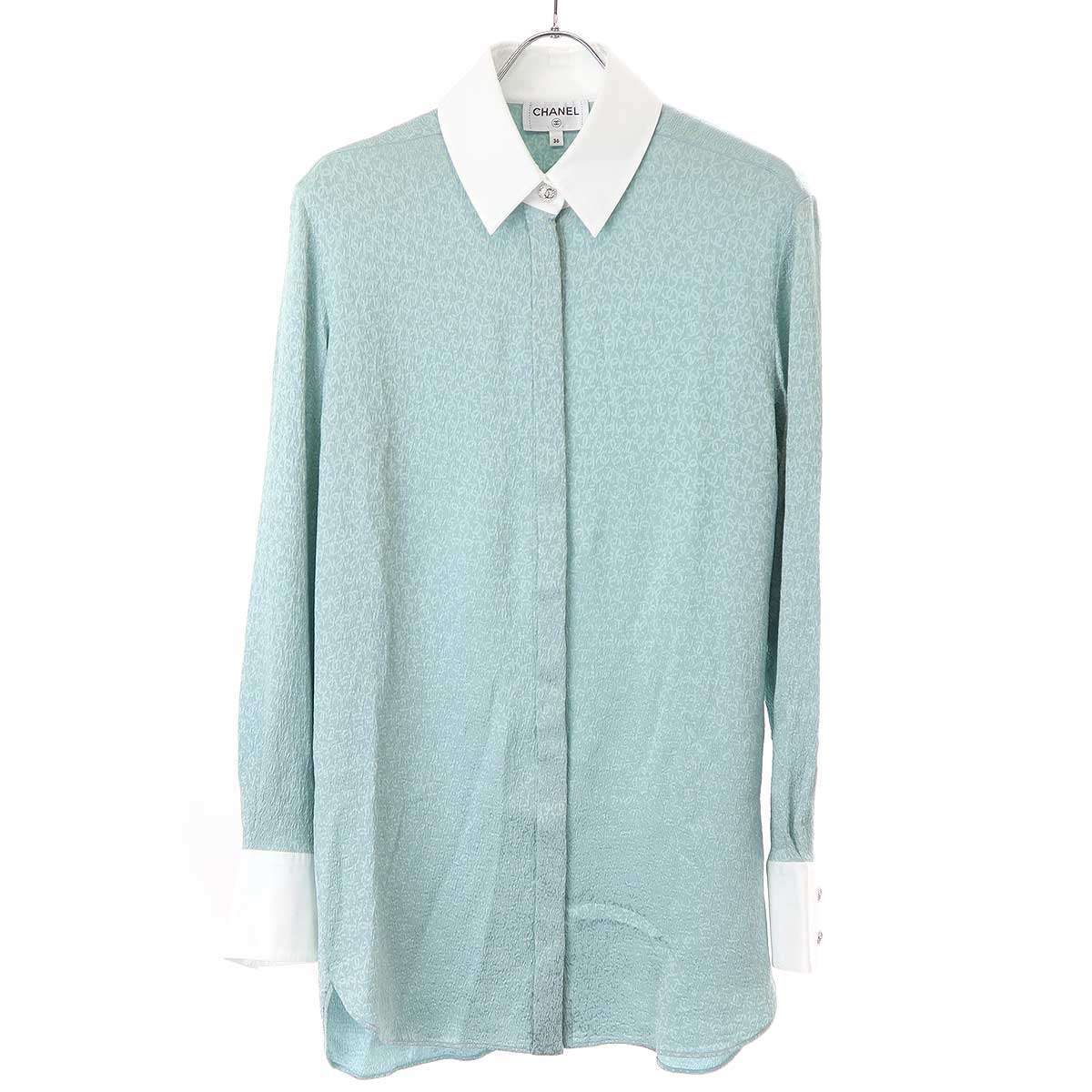 CHANEL シャネル 2021年制 ココマーク総柄シルクロングシャツ P71652V63138 ブルー 36 ITYMMAM749IO