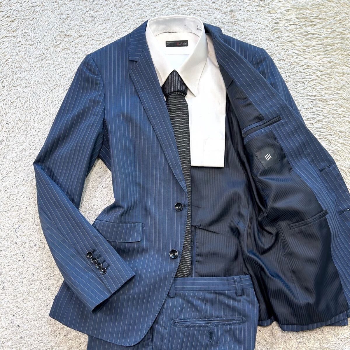 美品!!!スーツセレクト【人気の好配色】SUIT SELECT スーツ　セットアップ　テーラードジャケット　ストライプ　ブルー　青　M位
