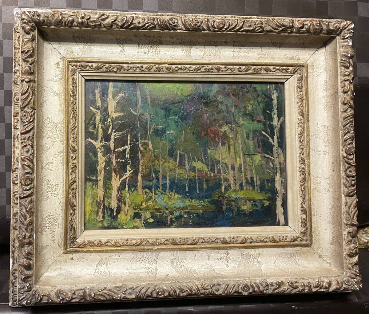 真作 油彩画 油絵 阿部彌太郎　風景画 F4号 山 古作　板絵　額縁　額装　インテリア