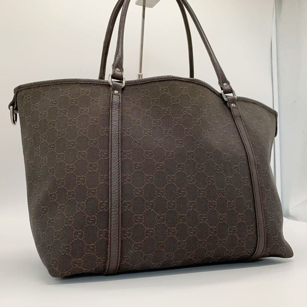 美品 グッチ GUCCI トートバッグ キャンバス GG柄 レザー 革 ダークブラウン メンズ A4収納 ビジネス 肩掛け 総柄 大容量 焦茶色 GG 1円