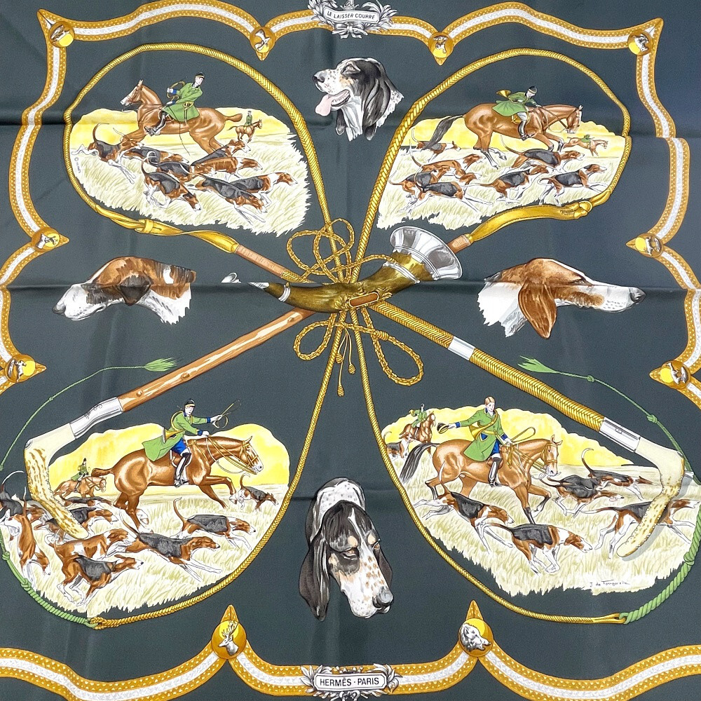 箱付き】 HERMES エルメス シルク カレ90 LE LAISSER COURRE 箱付き】 HERMES エルメス シルク カレ90 LE LAISSER COURRE