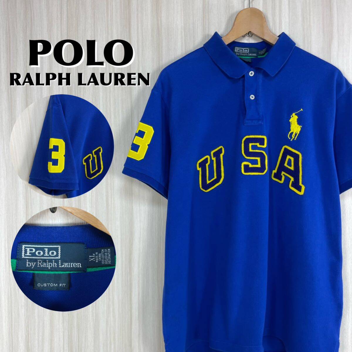 ☆90s☆POLO ポロバイラルフローレン ビッグロゴ USA ビッグポニー ナンバリング 半袖ポロシャツ XL表記 ロイヤルブルー アメカジ 古著