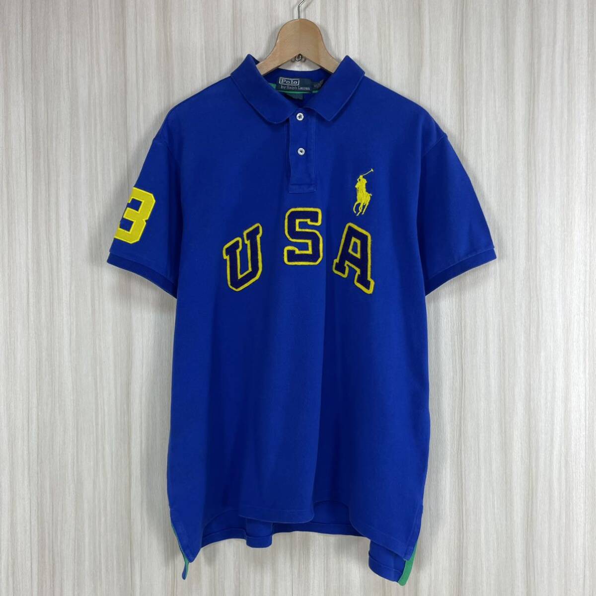 ☆90s☆POLO ポロバイラルフローレン ビッグロゴ USA ビッグポニー ナンバリング 半袖ポロシャツ XL表記 ロイヤルブルー アメカジ 古著