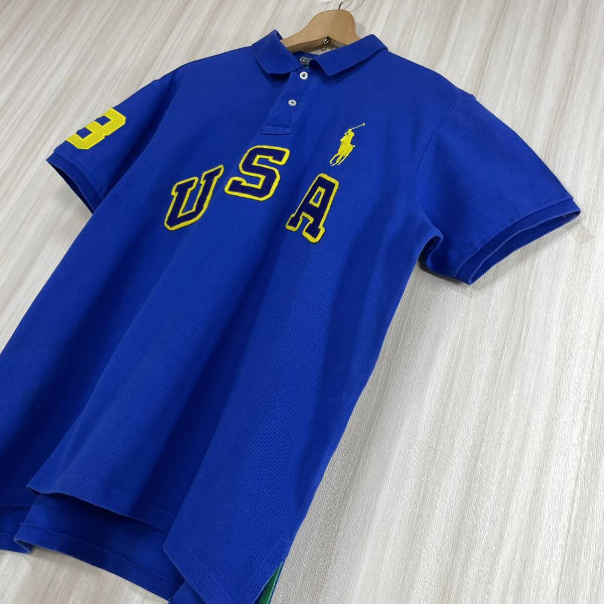 ☆90s☆POLO ポロバイラルフローレン ビッグロゴ USA ビッグポニー ナンバリング 半袖ポロシャツ XL表記 ロイヤルブルー アメカジ 古著