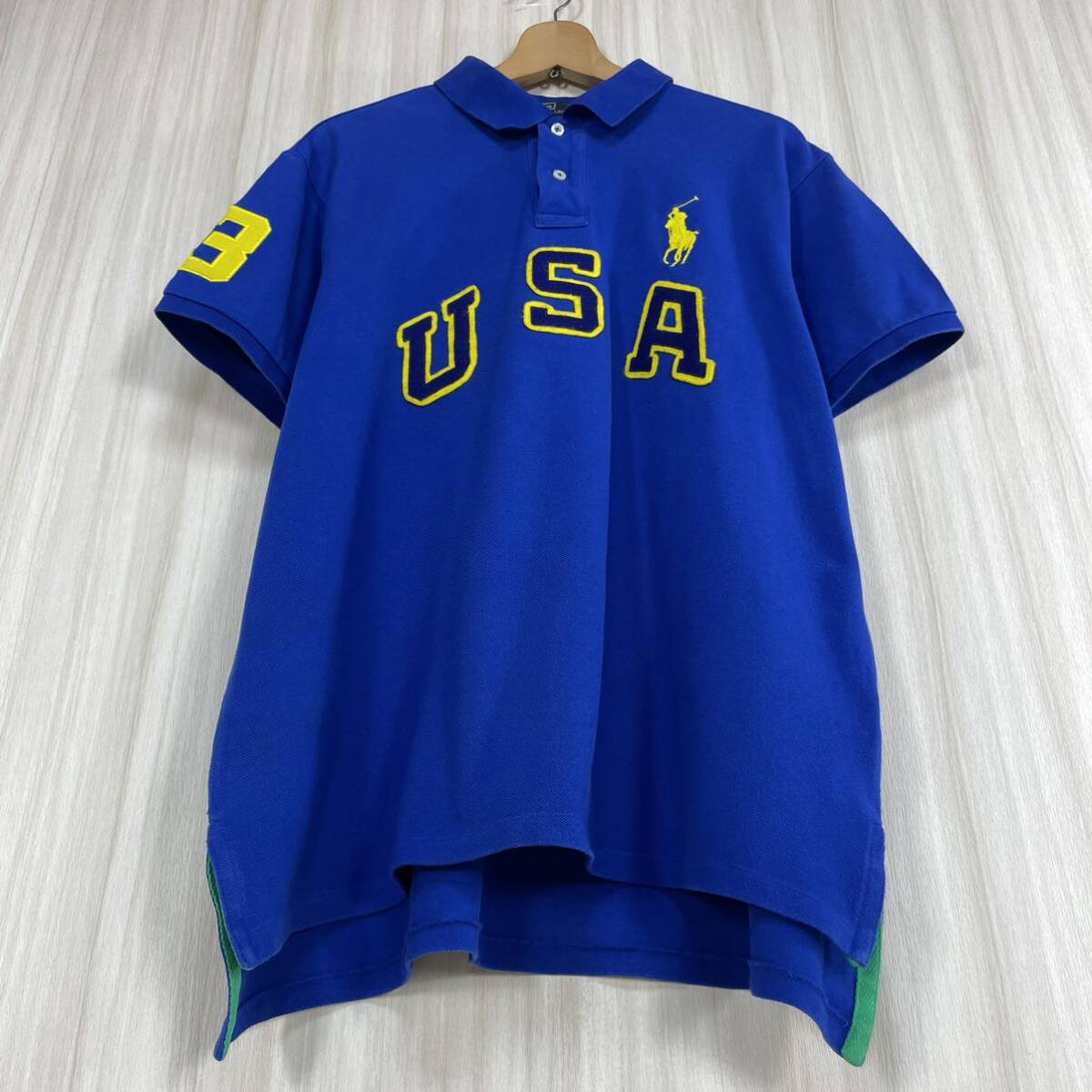 ☆90s☆POLO ポロバイラルフローレン ビッグロゴ USA ビッグポニー ナンバリング 半袖ポロシャツ XL表記 ロイヤルブルー アメカジ 古著