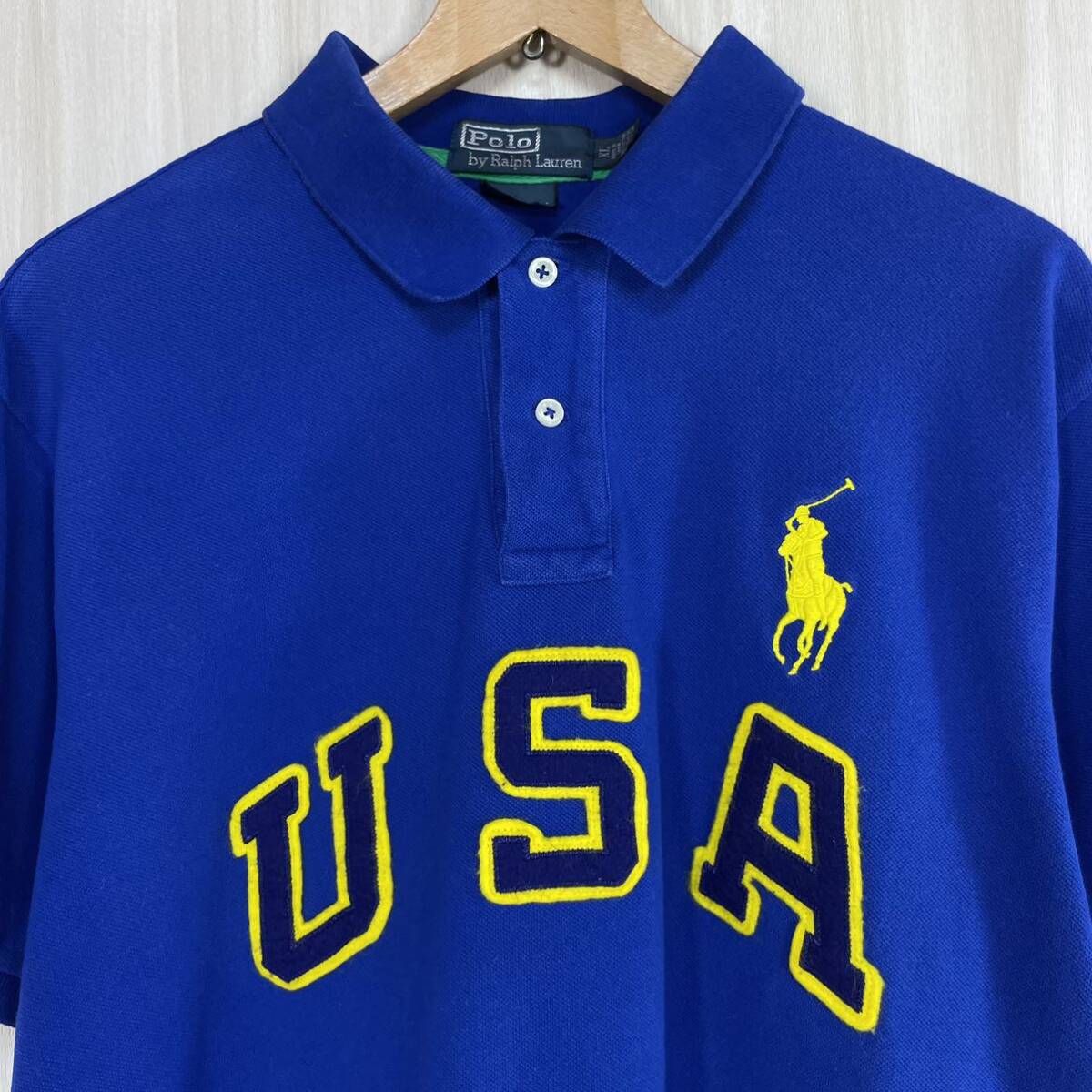 ☆90s☆POLO ポロバイラルフローレン ビッグロゴ USA ビッグポニー ナンバリング 半袖ポロシャツ XL表記 ロイヤルブルー アメカジ 古著