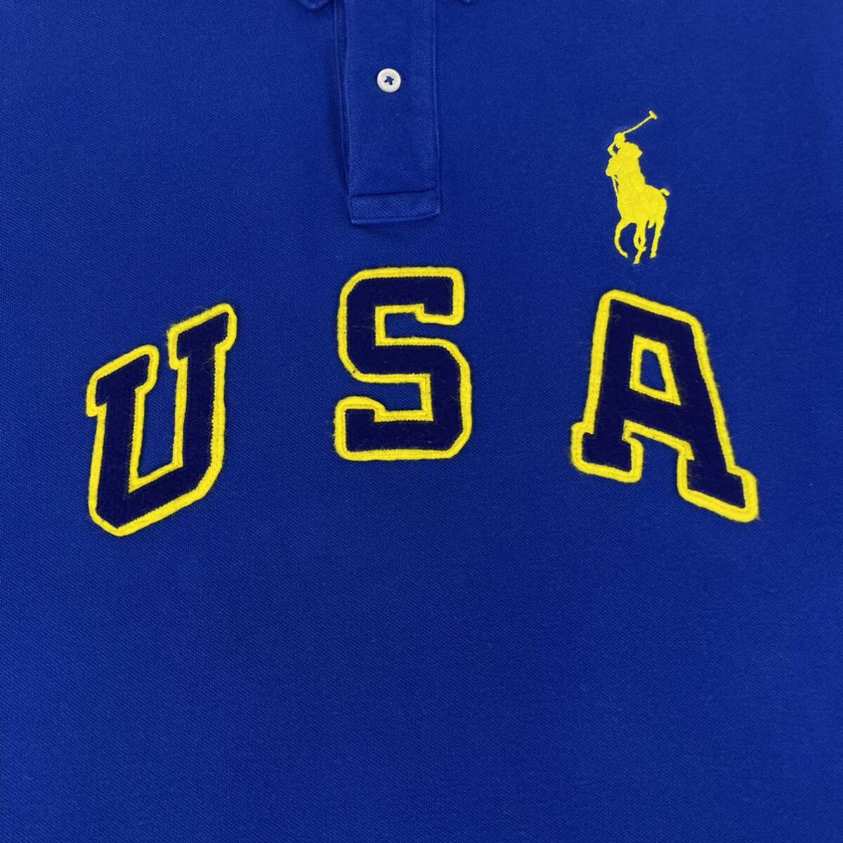 ☆90s☆POLO ポロバイラルフローレン ビッグロゴ USA ビッグポニー ナンバリング 半袖ポロシャツ XL表記 ロイヤルブルー アメカジ 古著