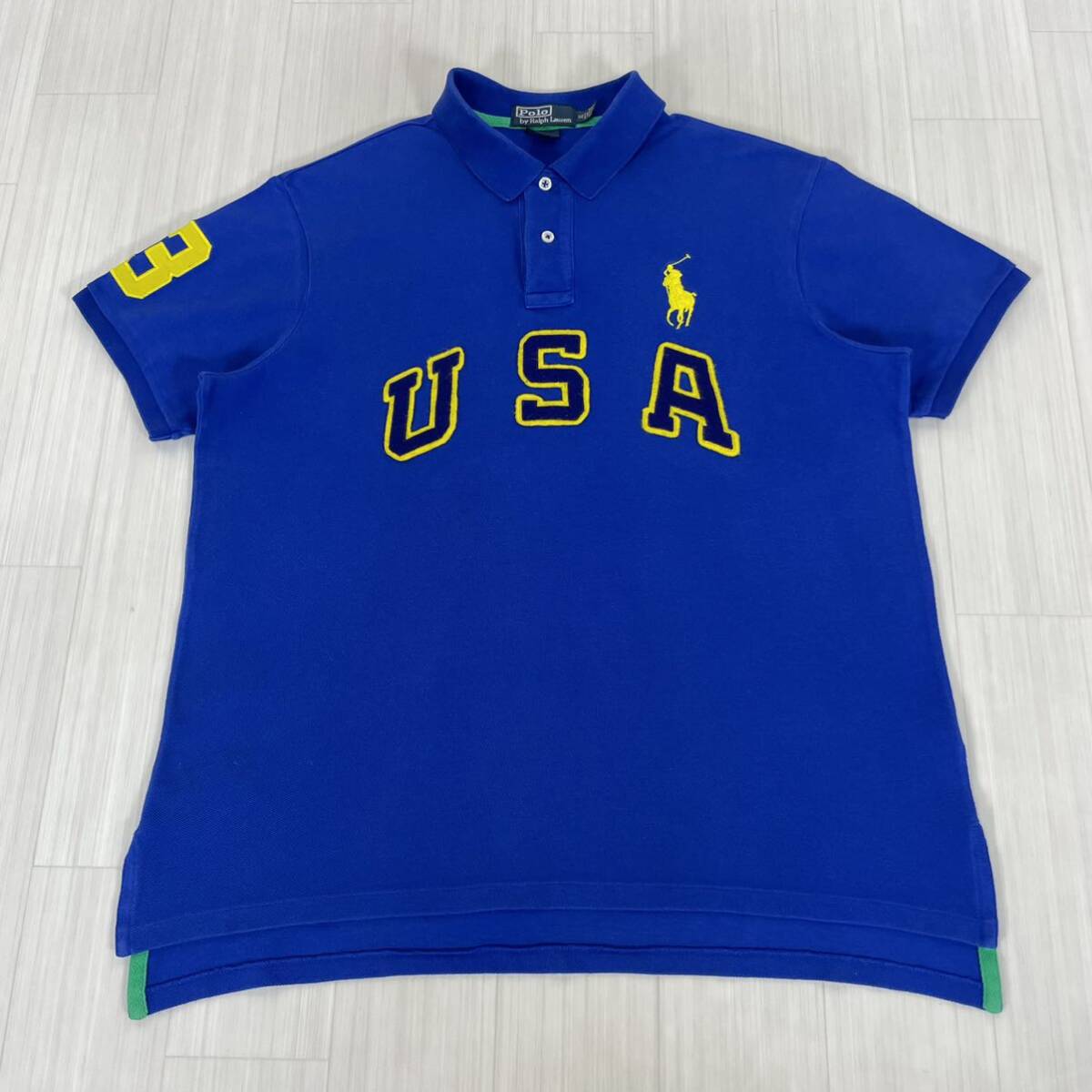 ☆90s☆POLO ポロバイラルフローレン ビッグロゴ USA ビッグポニー ナンバリング 半袖ポロシャツ XL表記 ロイヤルブルー アメカジ 古著
