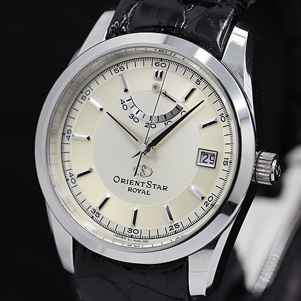 1円 保/箱付 稼働 良品 オリエント パワーリザーブ FC01-C0 AT/自動巻き シルバー文字盤 デイト ラウンド メンズ腕時計 TCY8112500 8TLT
