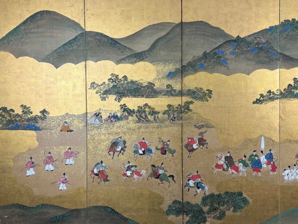 屏風 屏風屋】23b 金台肉筆 大名行列図 屏風 高さ 約170cm 六曲