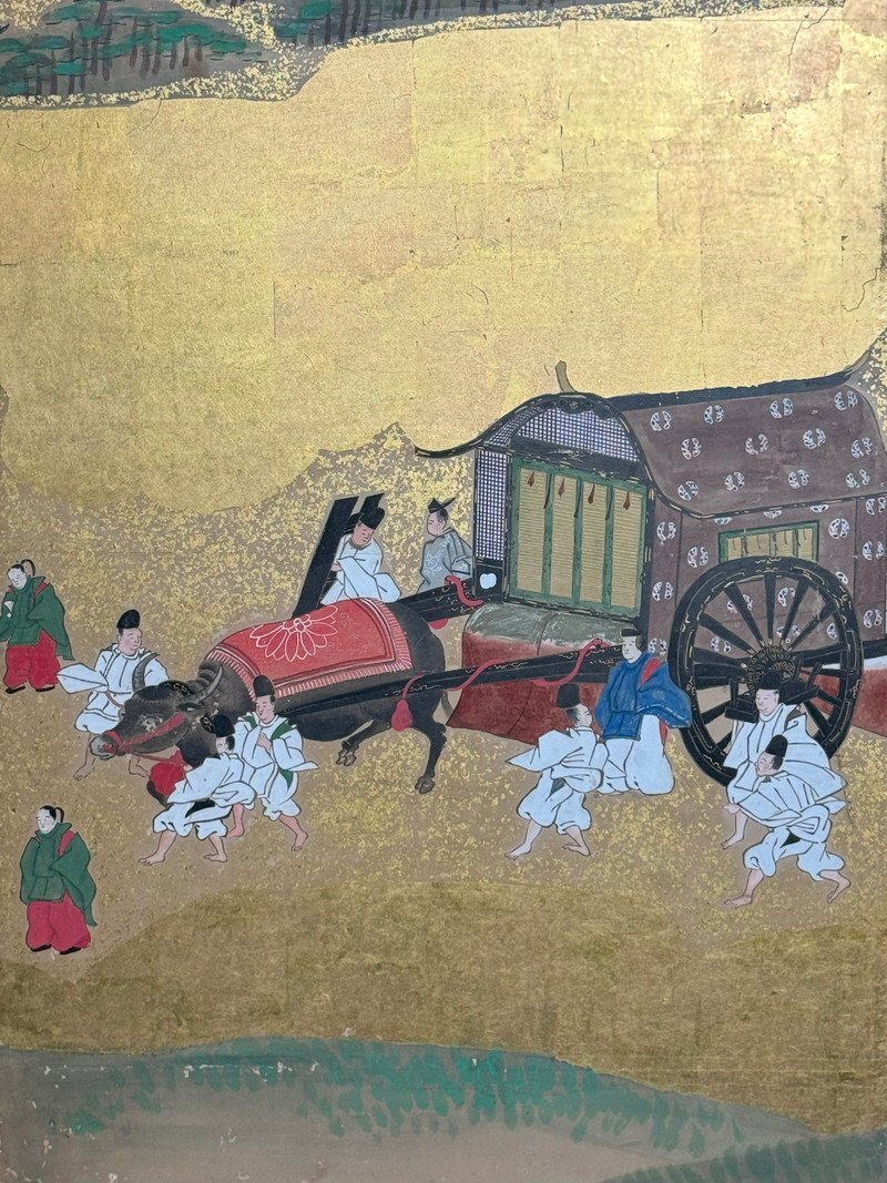 屏風 屏風屋】23b 金台肉筆 大名行列図 屏風 高さ 約170cm 六曲