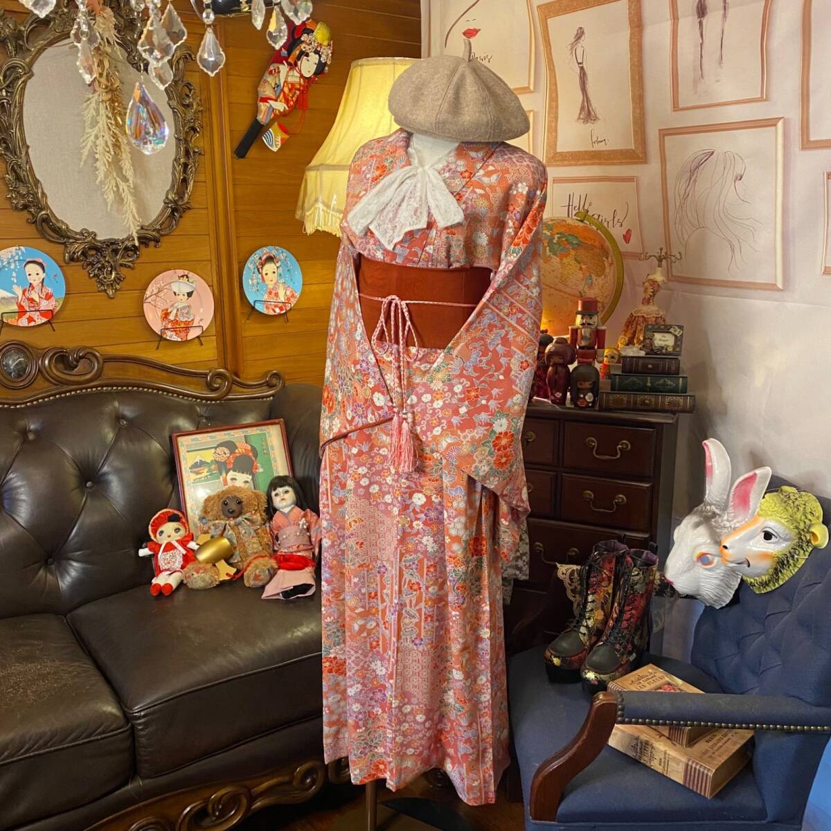  мир ... кимоно переделка длинный длина One-piece платье ..... obi рама ремень retro б/у одежда мир современный ручная работа KW-462