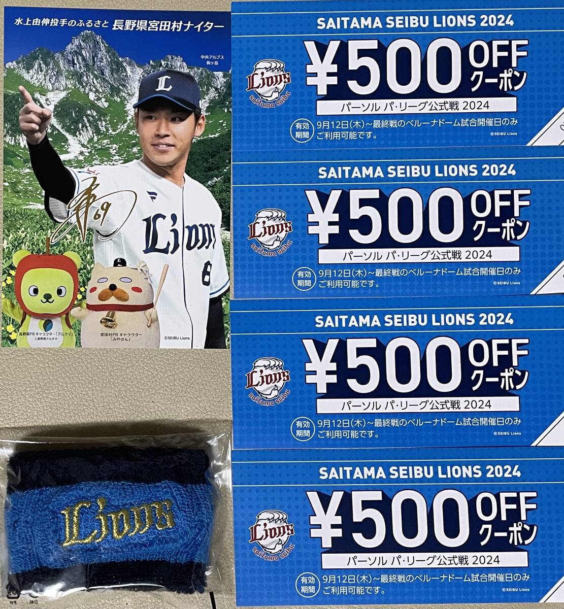 埼玉西武ライオンズ ベルーナドーム ¥500 OFFクーポン4枚(2000円分)+水上選手カード+リストバンド