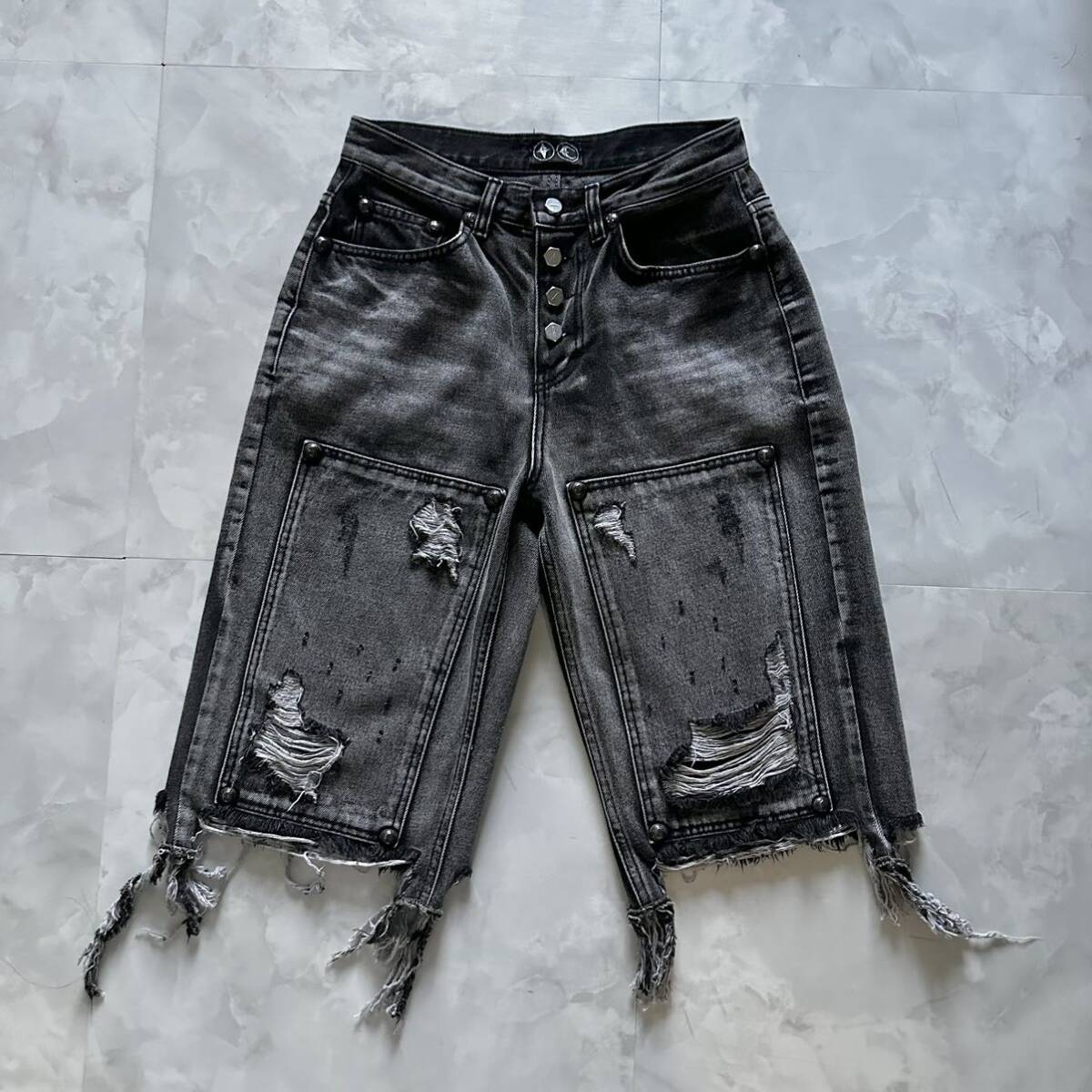 Thug Club】 double knee short denim blk サグクラブ デニム Thug Club】 double knee short denim blk サグクラブ デニム