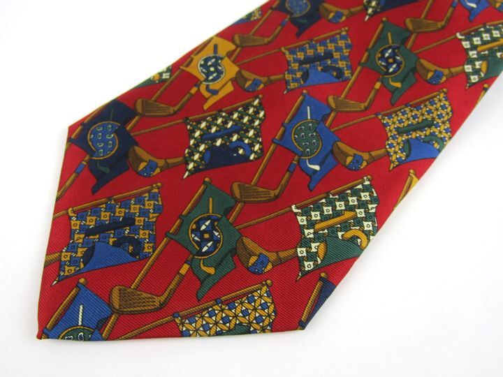  Long Champ brand necktie total pattern flag silk Italy cloth men's red Longchamp