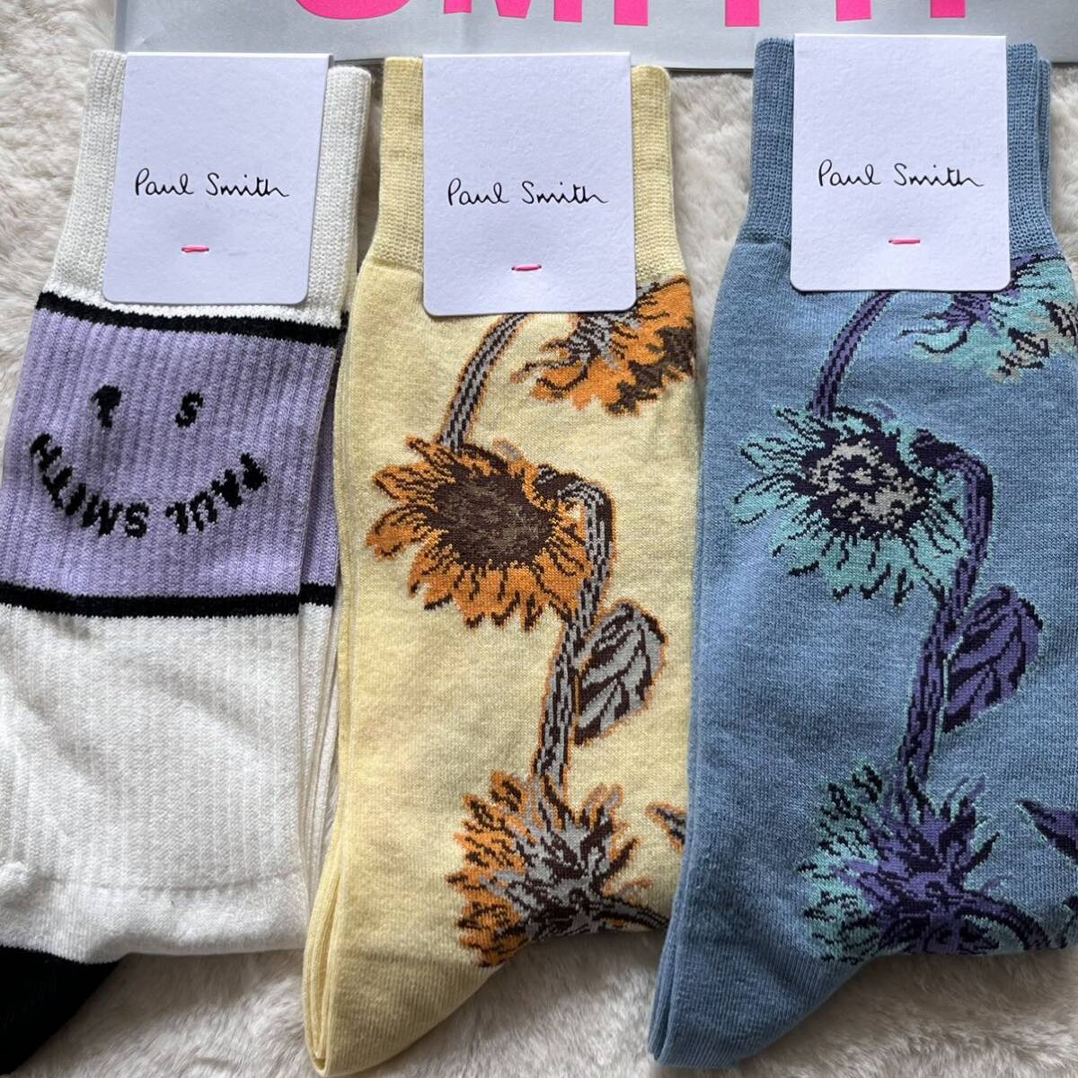 新品 【レア3柄セット◇完売品】 Paul Smith ソックス3点 ハッピー スマイル サンフラワー 靴下 Happy ポールスミス ひまわり ショッパー付