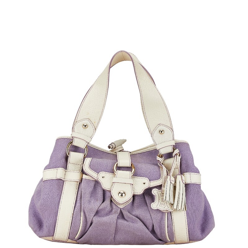 セリーヌ ハンドバッグ パープル ホワイト キャンバス レザー レディース CELINE 【中古】
