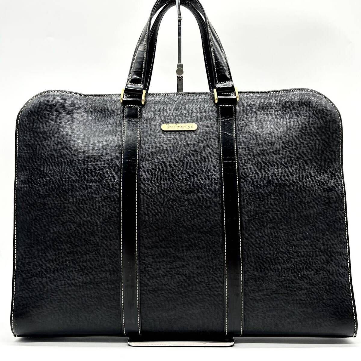●美品●BURBERRY バーバリー ビジネスバッグ トートバッグ ブリーフケース 鞄 かばん ノバチェック A4 PC 本革 レザー 黒 ブラック