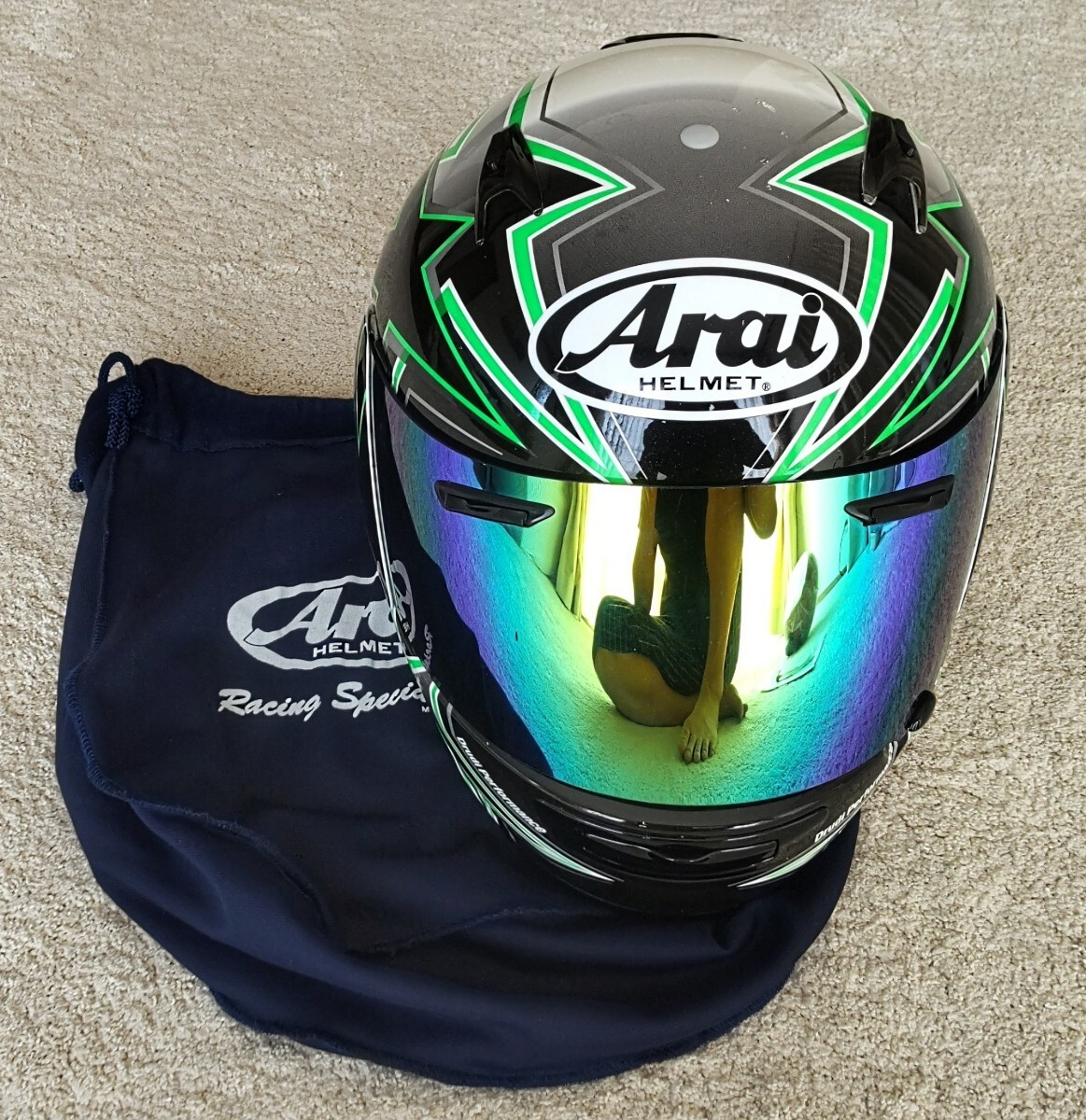 アライ QUANTUM-J KAWASAKI アステロイド フルフェイス ヘルメット サイズL イリジウムコートシールド付き。