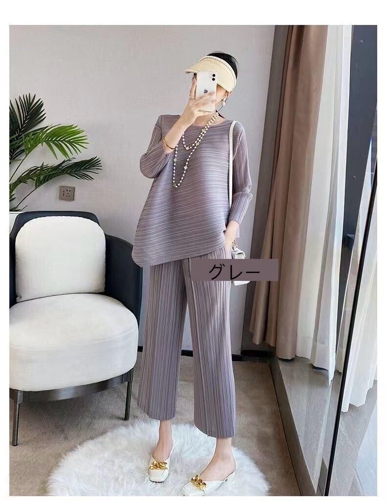 レディーストップス 長袖プリーツシャツワイドパンツ2点セット肌触リ通気性いい　優雅上品グレー_画像1