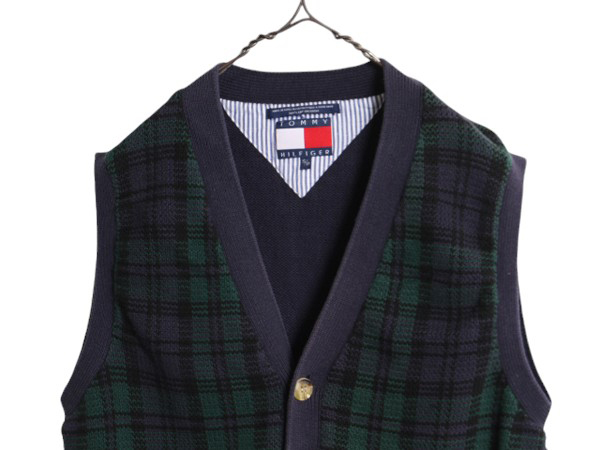 90s Tommy Hilfiger черный часы проверка вязаный лучший мужской женский S Old TOMMY HILFIGER хлопок накладывающийся надеты передний открытие 