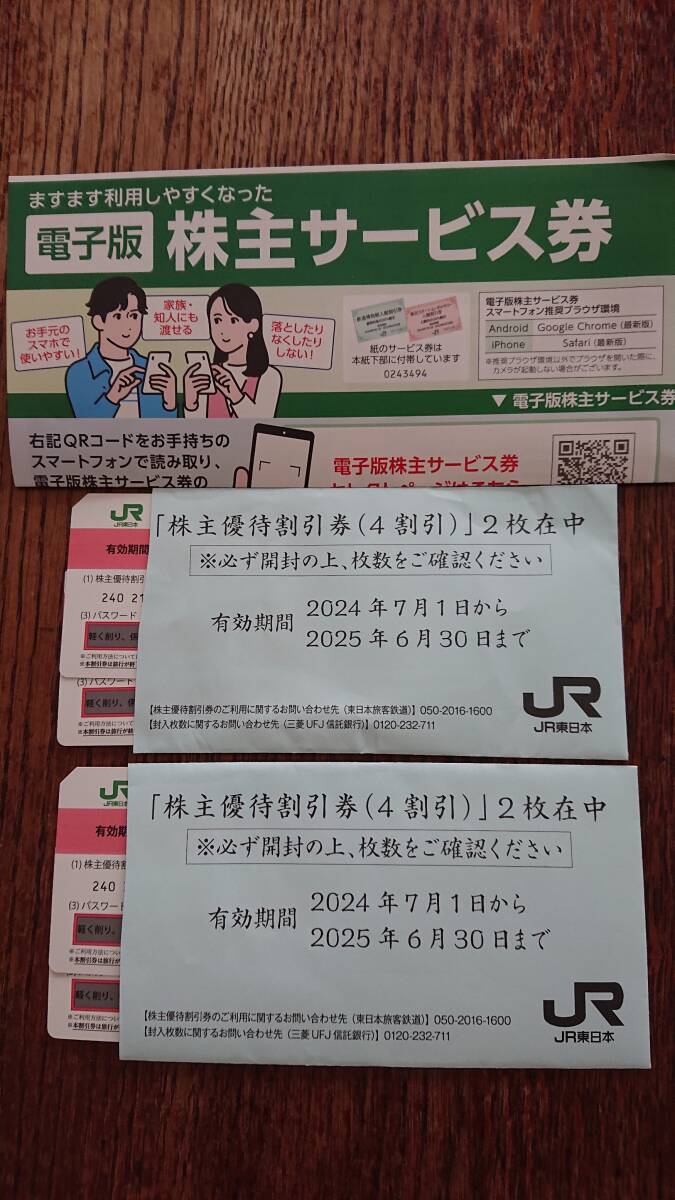 JR東日本 株主優待割引券(4割引)×4枚+電子版株主サービス券×1枚 有効期限2025年6月30日まで